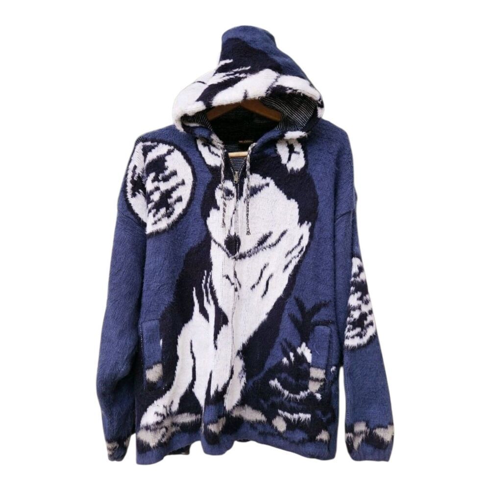 VTG GENESIS Blue Wolf Feather Hoodie Jacket Mens Large Full Zip Wool